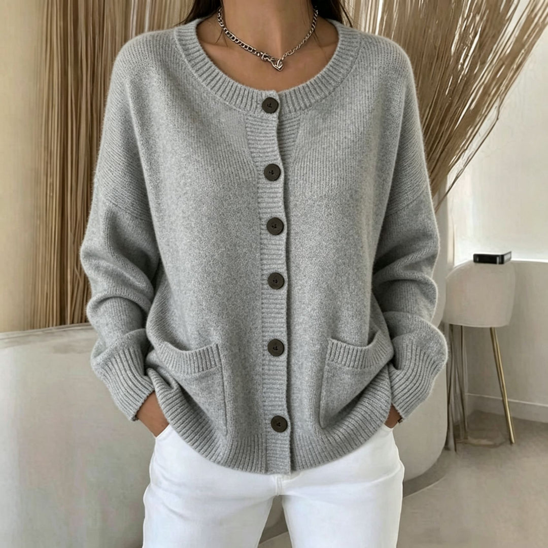 Women Button Cardigan with Round Neck, Patch Pockets and Raglan Sleeves Mune Fashion