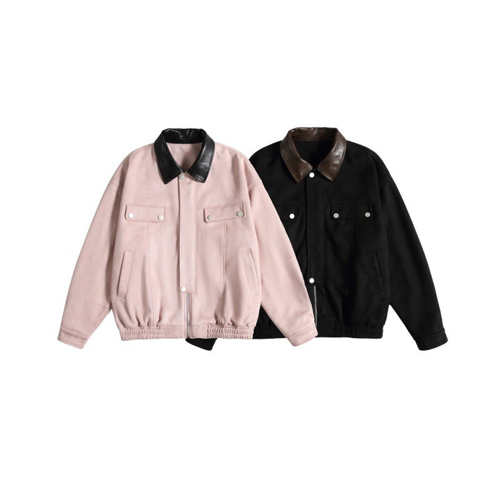 Women's short cut boxy bomber jacket with contrasting faux leather collar Mune Fashion