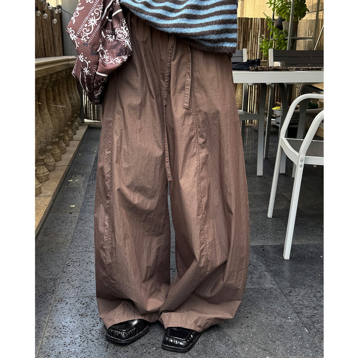Women's Wide High-Waist Baggy Pants with Drawstring and Division Seams Mune Fashion
