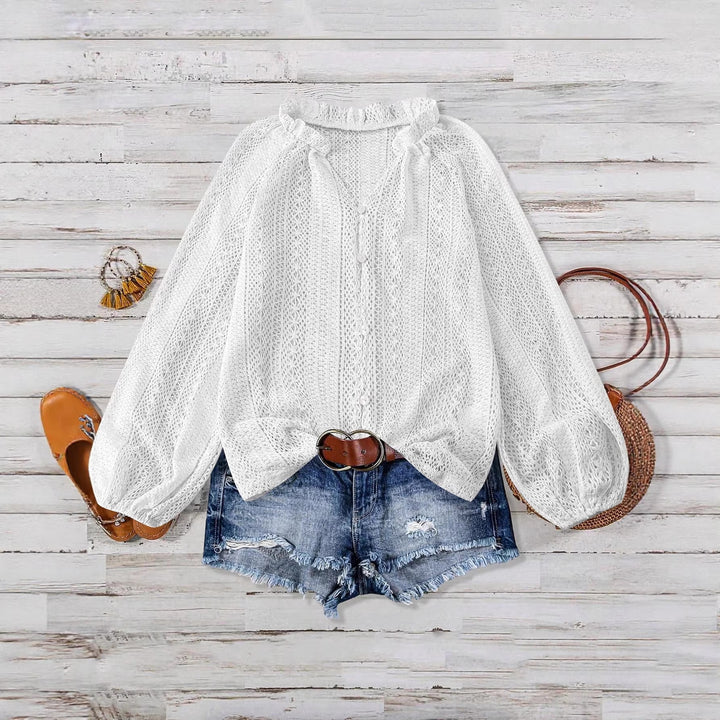 Ladies' crochet blouse with button placket and balloon sleeves Mune Fashion