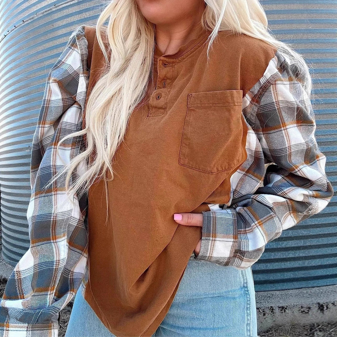 Women's nan further Henley pullover in layered look with checked sleeves and chest pocket Mune Fashion
