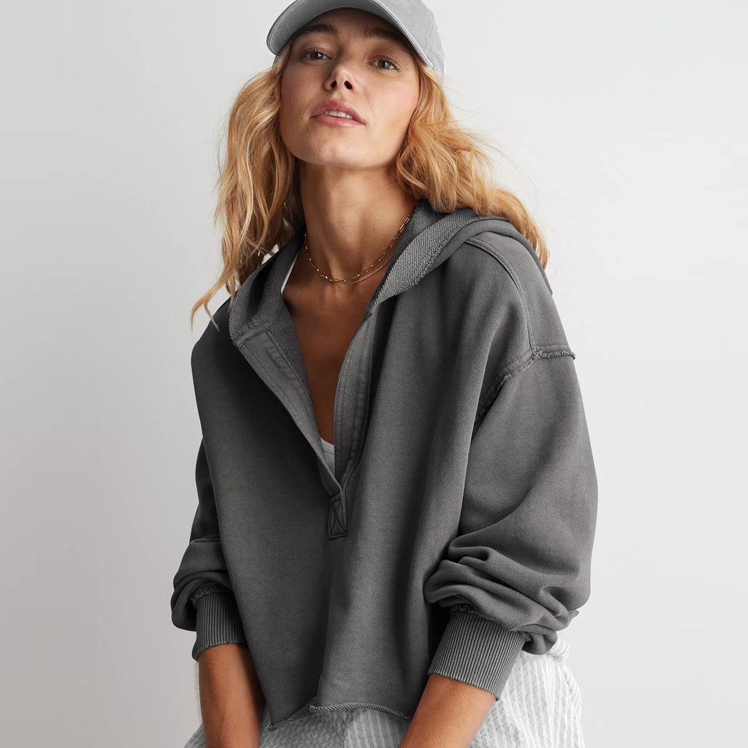 Women Oversize Hooded Sweatshirt with Deep V-Neck, Open Placket and Raw Hem Mune Fashion