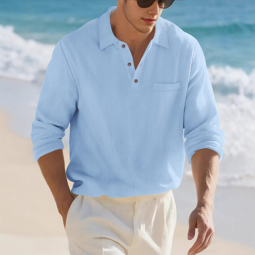 Men's lightweight linen Henley shirt with chest piping and relaxed casual fit Mune Fashion