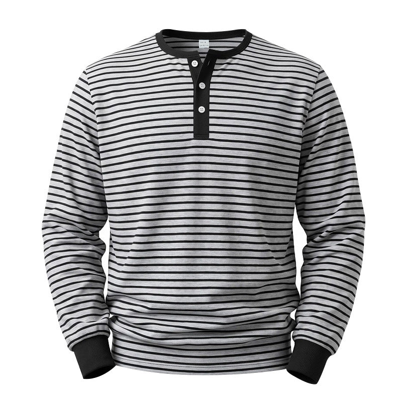 Men's Long Sleeve Henley Shirt made of Cotton Mix with Fine Stripes and Button Placket Mune Fashion