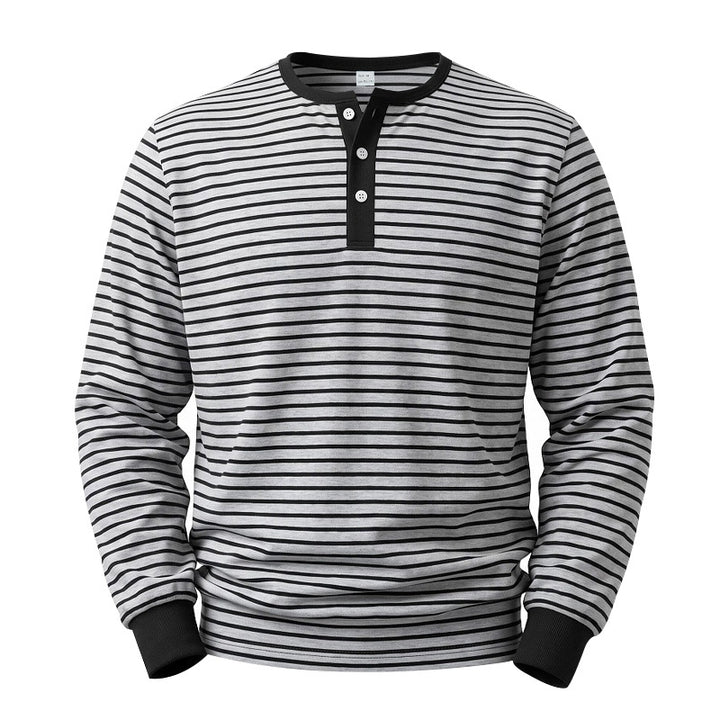 Men's Long Sleeve Henley Shirt made of Cotton Mix with Fine Stripes and Button Placket Mune Fashion