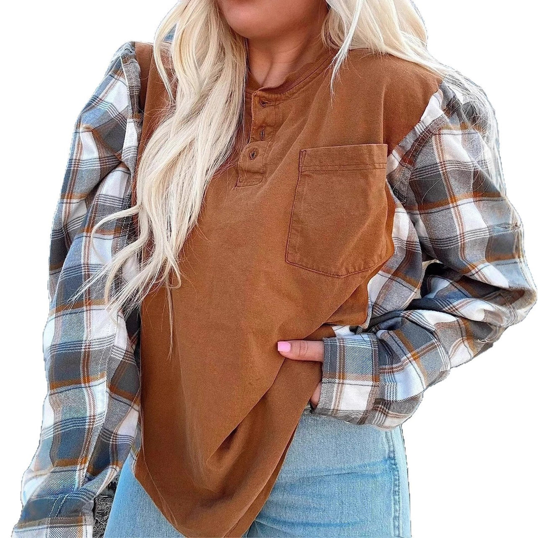 Women's nan further Henley pullover in layered look with checked sleeves and chest pocket Mune Fashion