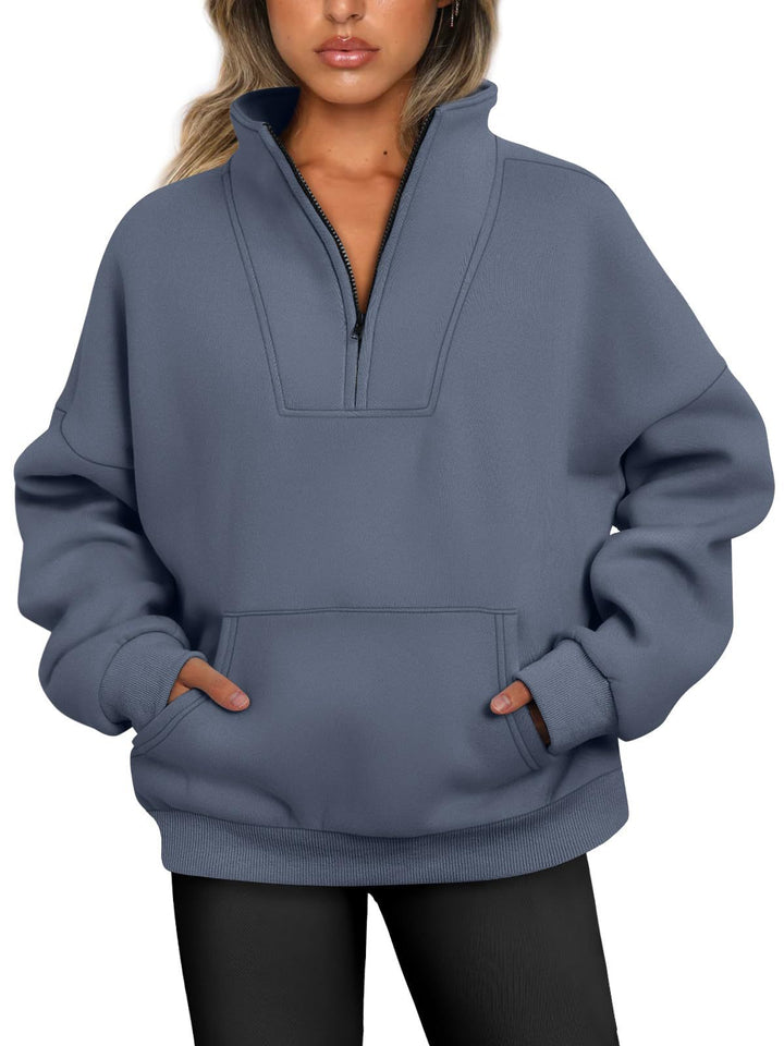 Women's oversized half-zip hoodie with high stand collar, kangaroo pocket, and ribbed cuffs Mune Fashion