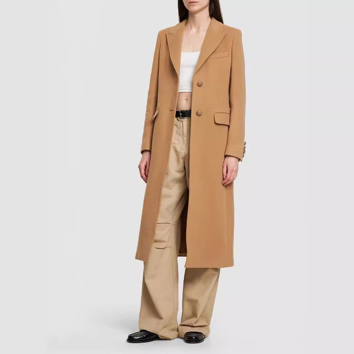 Women's Midi Length Single-Breasted Tailoring Coat with Narrow Lapels and Flap Pockets Mune Fashion