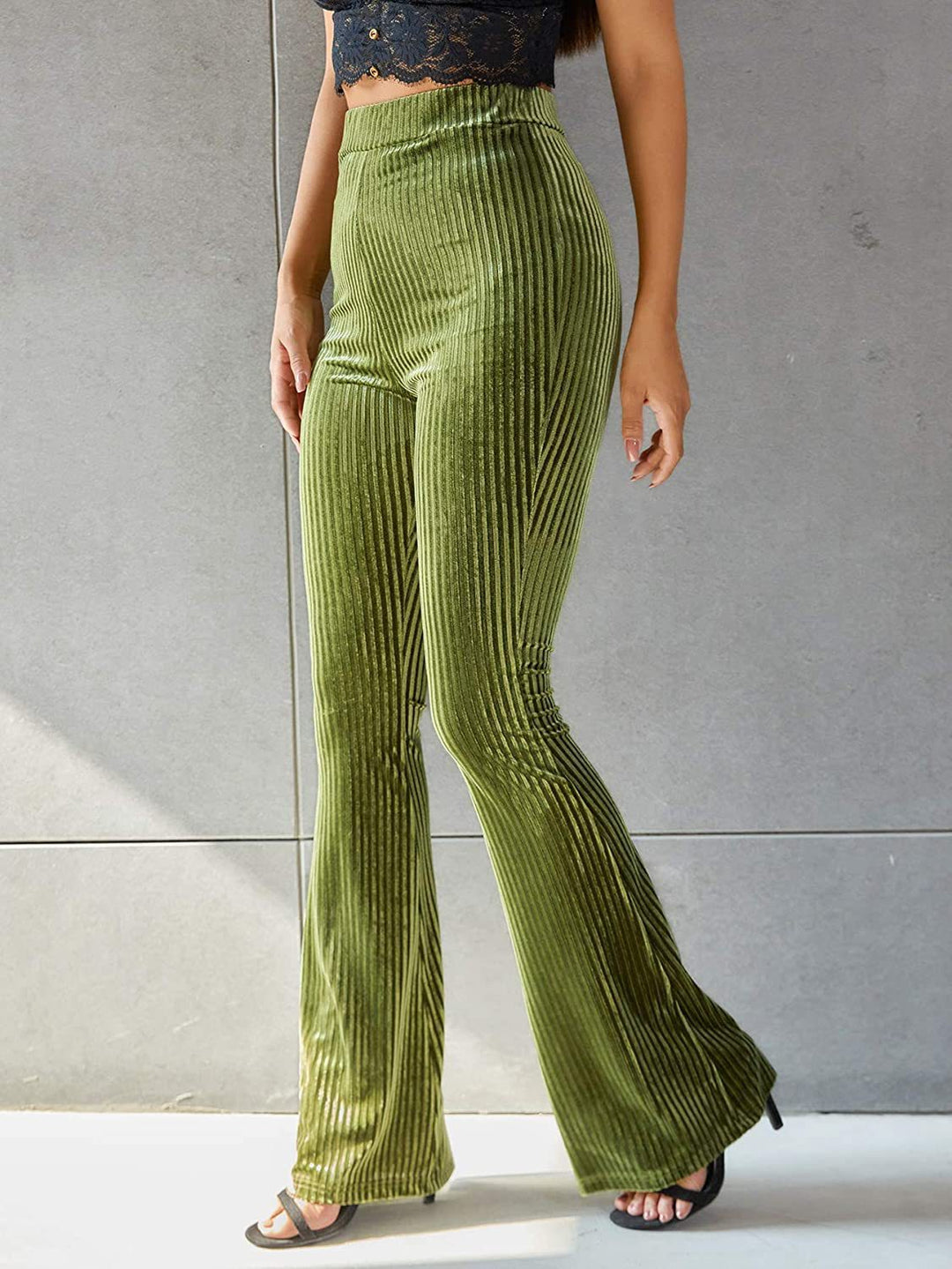 Women's high-waisted ribbed velvet flare trousers with wide flare and elastic waistband Mune Fashion