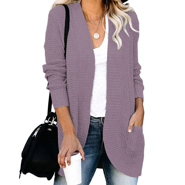 Women Long Open Knit Cardigan with Pockets, Ribbed Cuffs and Structured Waffle Look Mune Fashion