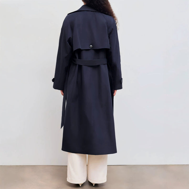 Women's Long Trench Coat with Loose Silhouette, Lapel Collar and Waist Belt Drune