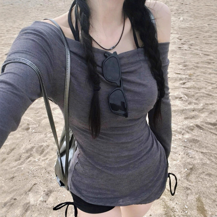 Women's figure-hugging off-shoulder ribbed knit mini dress with side drawstring gathering and long sleeves Mune Fashion