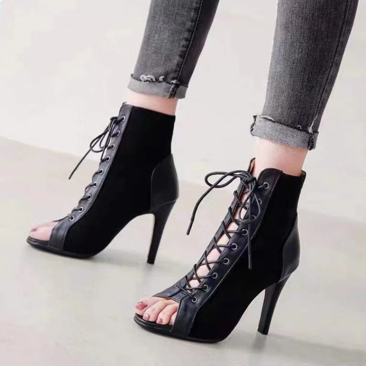 Women's Open-Toe Lace-Up Ankle Boot with Suede Look and Stiletto Heel Mune Fashion