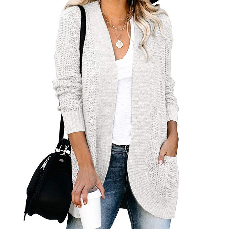 Women Long Open Knit Cardigan with Pockets, Ribbed Cuffs and Structured Waffle Look Mune Fashion