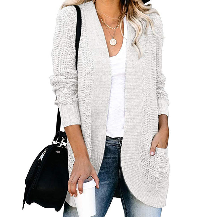Women Long Open Knit Cardigan with Pockets, Ribbed Cuffs and Structured Waffle Look Mune Fashion