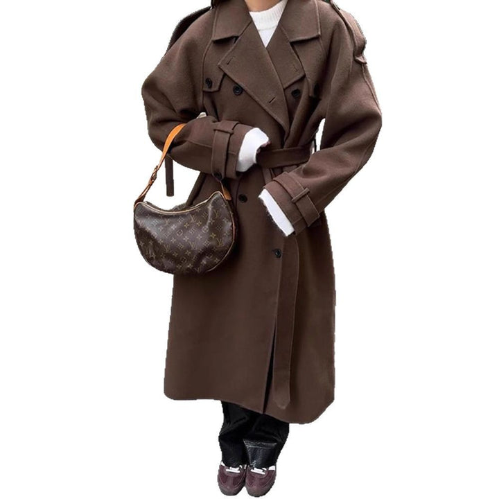 Women's Long Wool Blend Coat with Wide Lapels, Epaulettes and Adjustable Sleeve Straps Mune Fashion