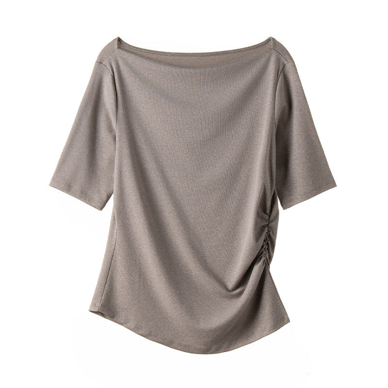 Women’s jersey top with boat neckline and side gathering Mune Fashion