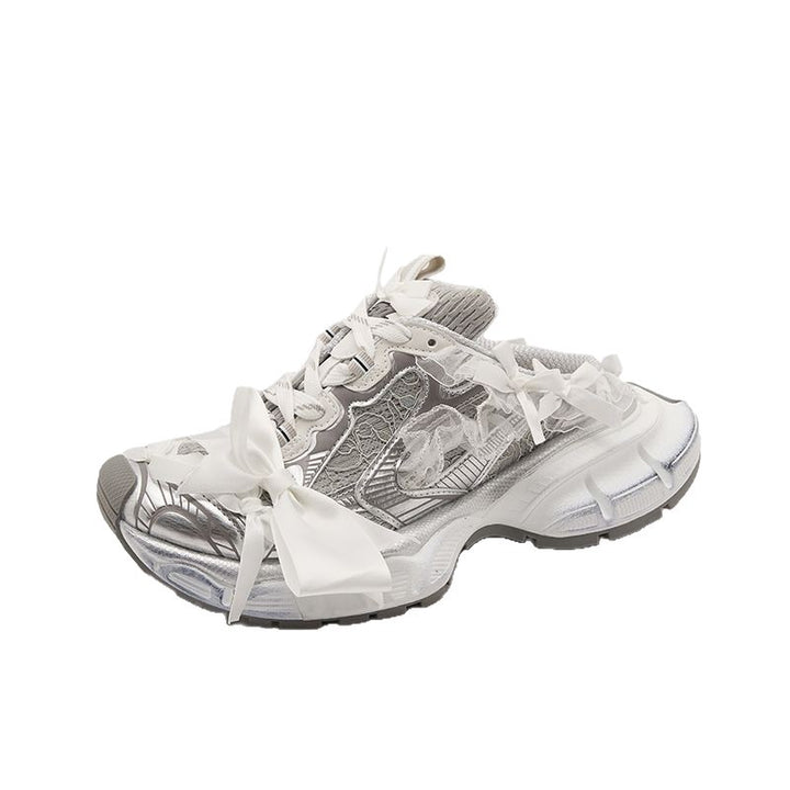 Damen Chunky-Sneaker-Mule mit Satin‑Schleife und Spitzenapplikation Mune Fashion