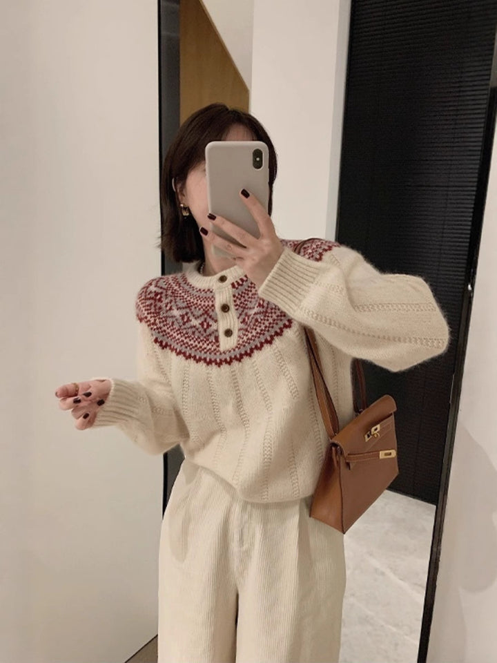 Women Norwegian pattern round yoke sweater with button placket and mohair look Mune Fashion
