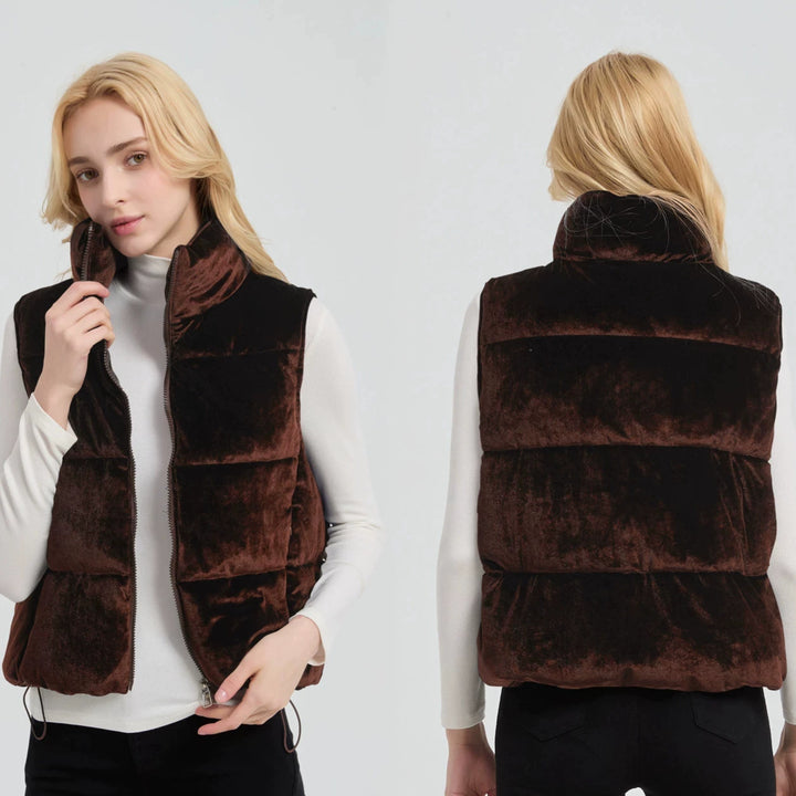 Women short-cut velvet quilted vest with high stand-up collar and thermal lining Mune Fashion