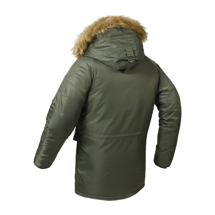 Men's longer thermal insulated parka with faux fur hood and utility pockets Mune Fashion