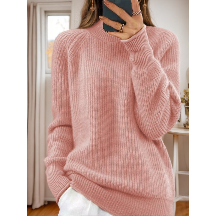 Women's cozy knitted sweater with stand-up collar and ribbed structure Mune Fashion