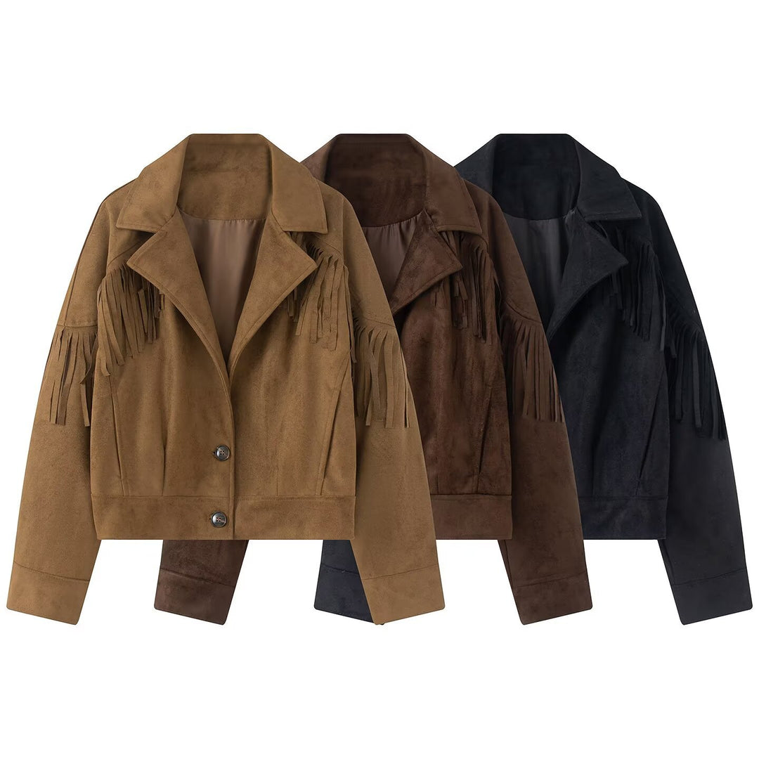 Women's short jacket in suede look with fringe trim and shirt collar Mune Fashion
