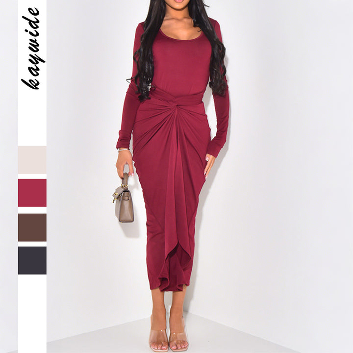 Ladies' gathered maxi dress with knot front, fitted silhouette and side slit Mune Fashion