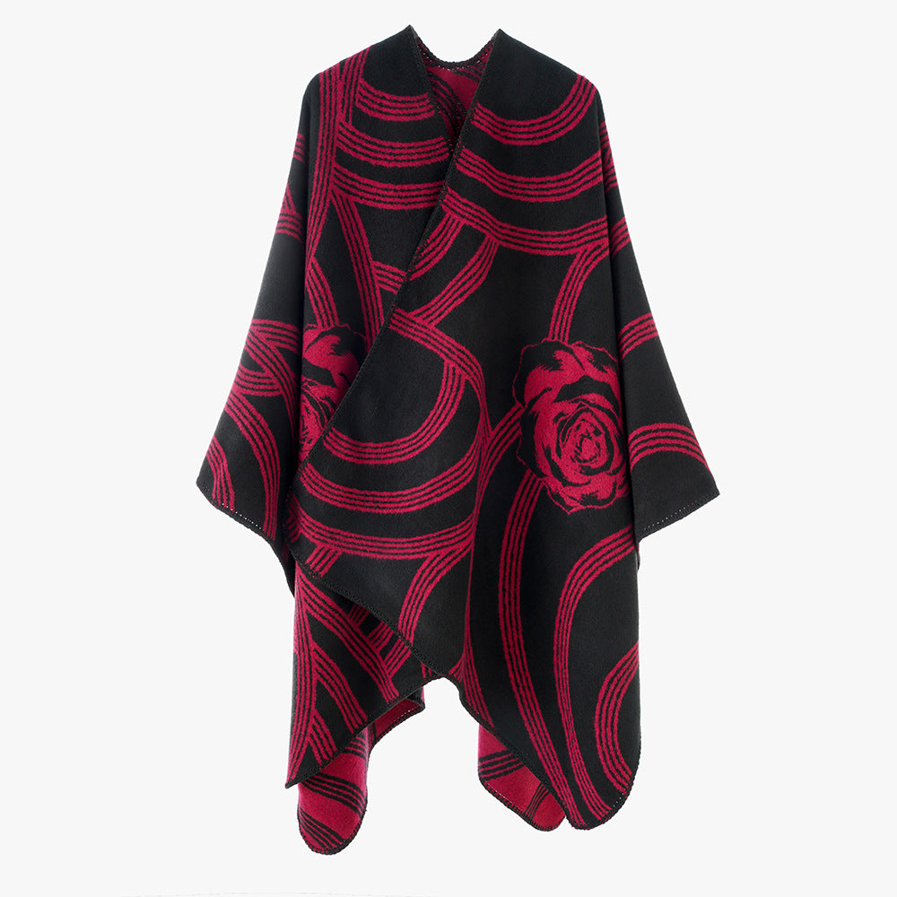 Women's Jacquard Cape Poncho with Rose Motif and Open Front Mune Fashion