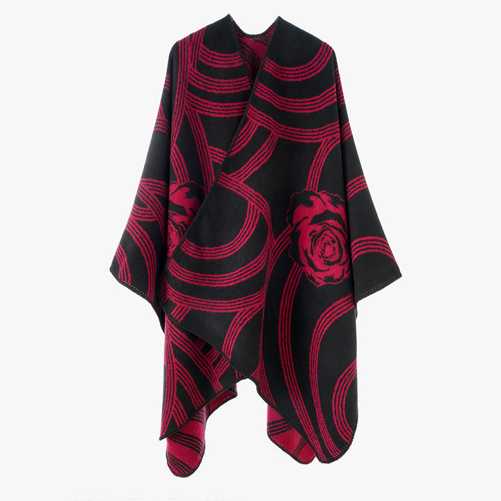Women's Jacquard Cape Poncho with Rose Motif and Open Front Mune Fashion