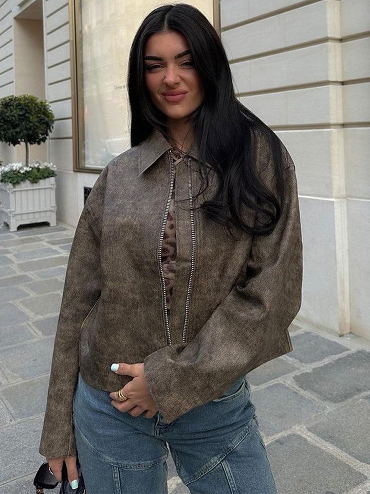 Women's Short Boxy Jacket in Vintage Suede Look with Distinctive Metal Zipper Mune Fashion