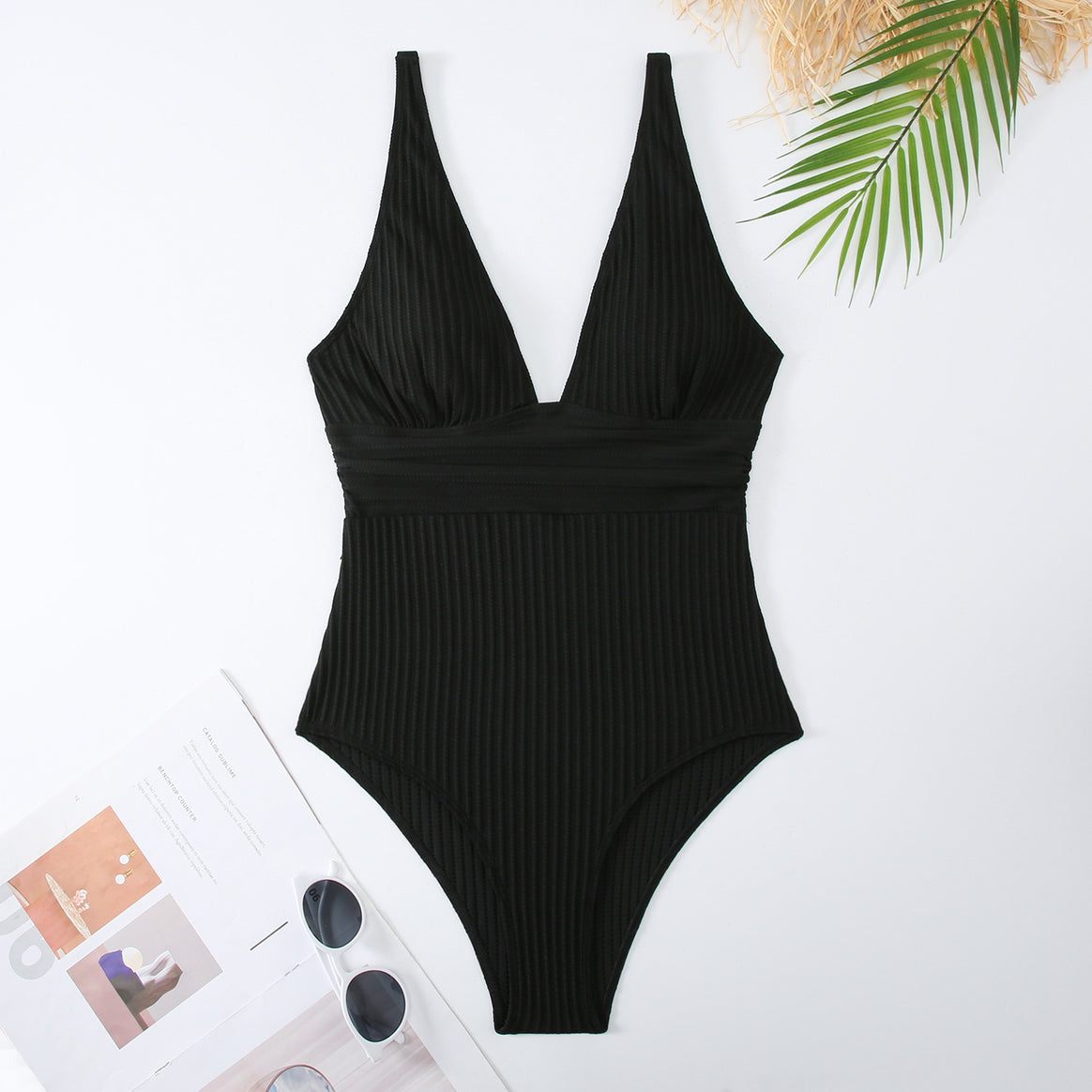 Women's one-piece swimsuit with deep V-neck and textured ribbed look Mune Fashion