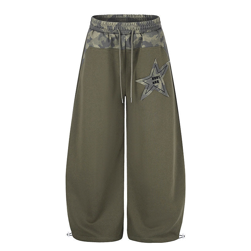 Women's Extra Wide Culotte Sweatpants with Camouflage Waistband and Star Patch Mune Fashion