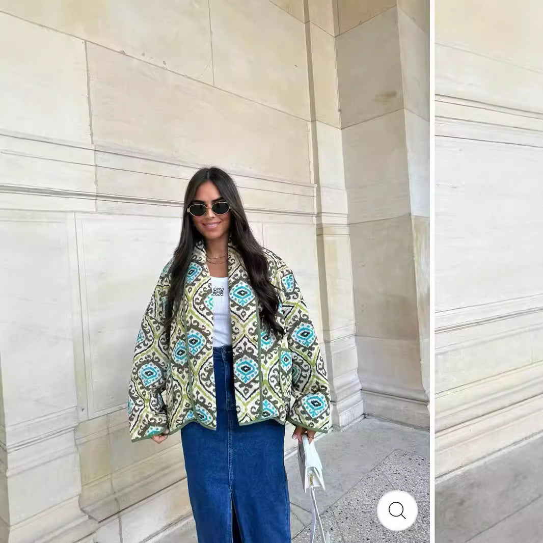 Women's Quilted Kimono Jacket with Graphic Allover Pattern, Shawl Collar and Patch Pockets Mune Fashion