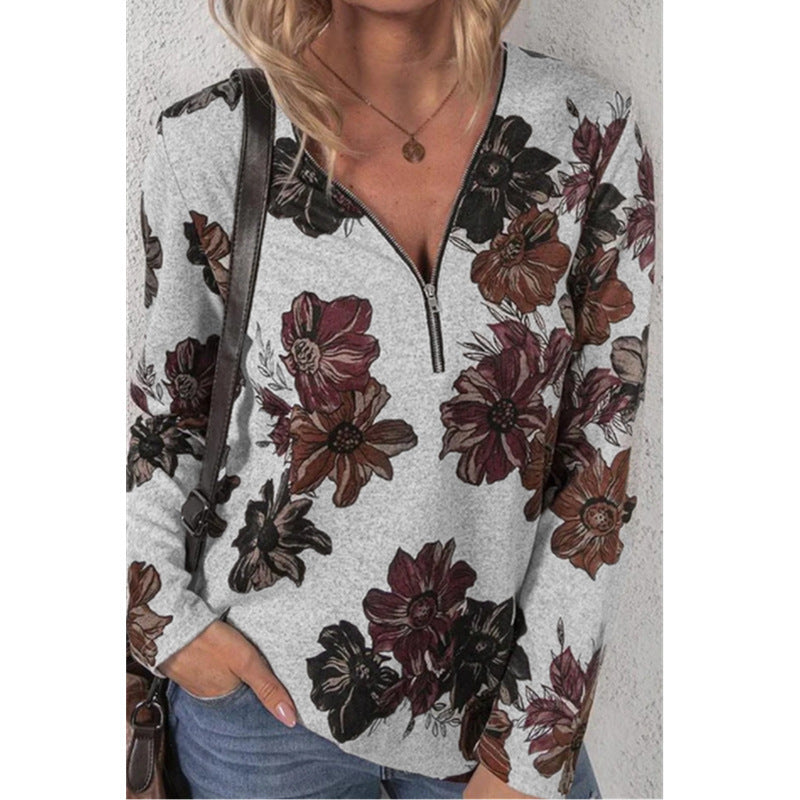 Women's Loose V-Neck Long Sleeve Shirt with Short Zip and Floral Allover Print Mune Fashion
