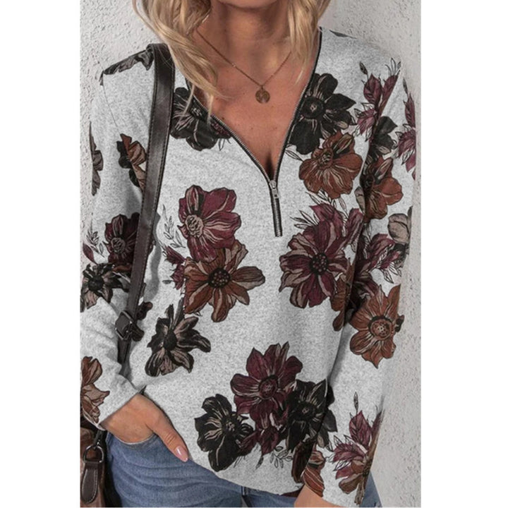Women's Loose V-Neck Long Sleeve Shirt with Short Zip and Floral Allover Print Mune Fashion