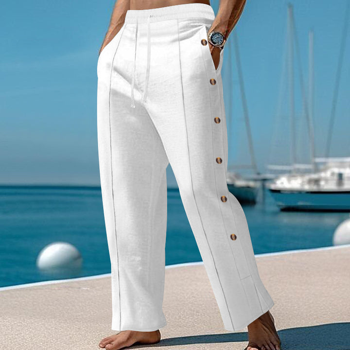 Men's nautical relaxed trousers with wide leg, elastic drawstring waistband and side button placket Mune Fashion
