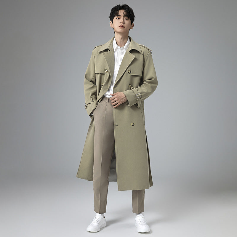 Men's Modern Maxi Long Double-Breasted Trench Coat with Classic Lapels and Adjustable Cuffs Mune Fashion