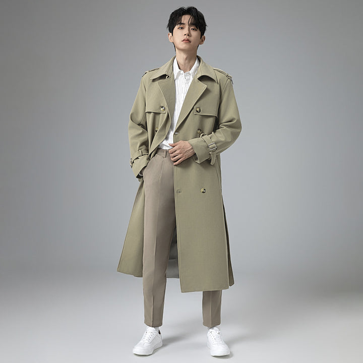 Men's Modern Maxi Long Double-Breasted Trench Coat with Classic Lapels and Adjustable Cuffs Mune Fashion
