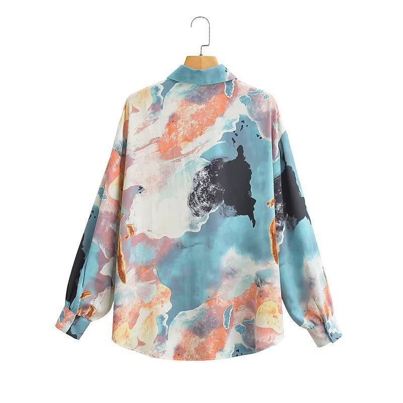 Women's silk look shirt blouse with abstract print and oversized cut Mune Fashion