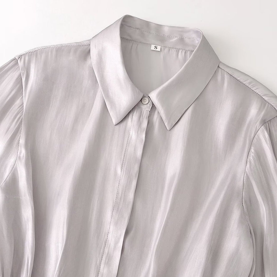 Ladies silk matte tailored shirt blouse with drawstring and concealed button placket Mune Fashion