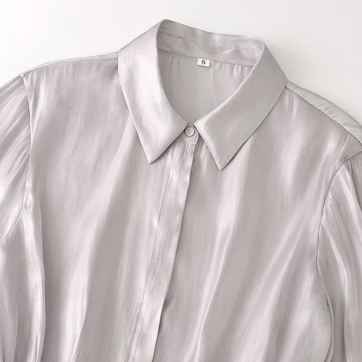 Ladies silk matte tailored shirt blouse with drawstring and concealed button placket Mune Fashion