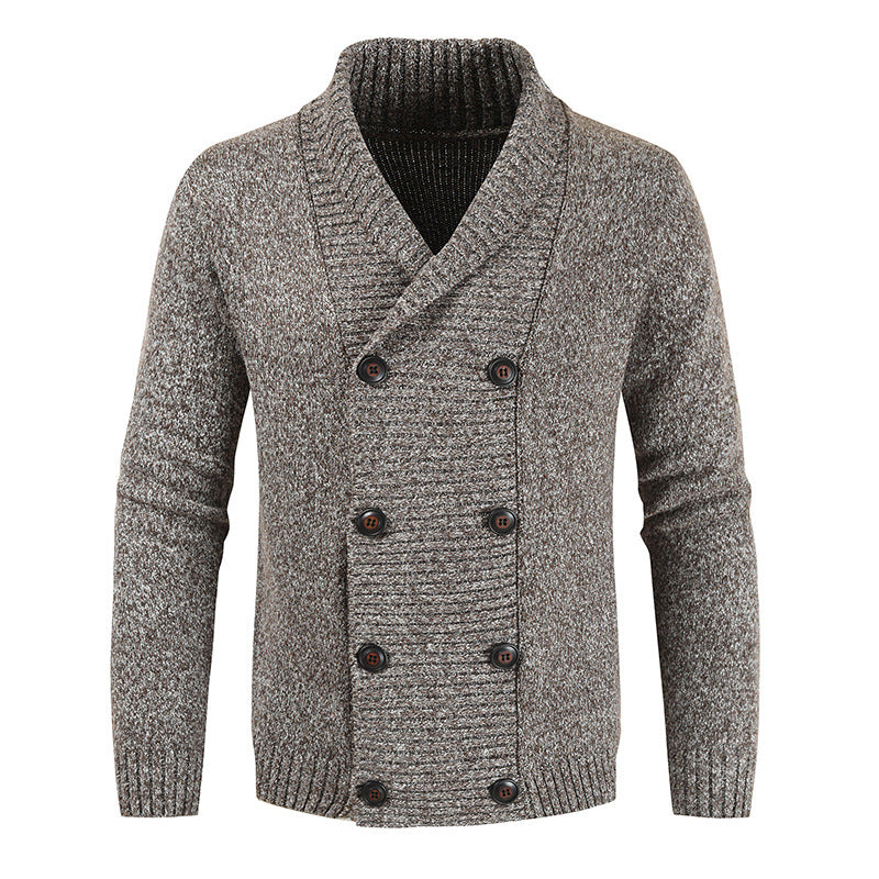 Men's double-breasted knitted cardigan with shawl collar, structured stitch look, and ribbed cuffs Mune Fashion