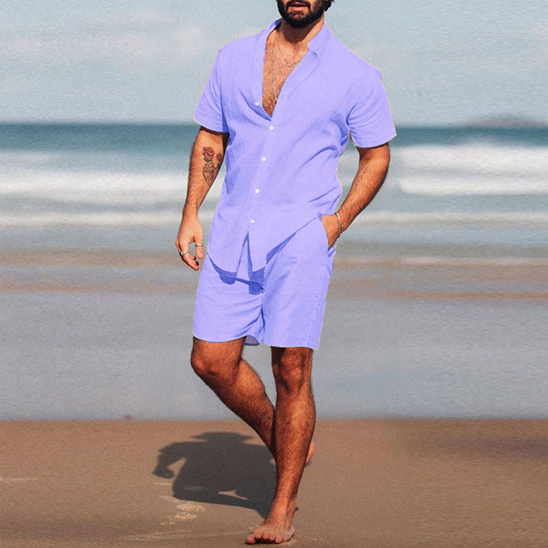 Men's two-piece summer leisure ensemble with open shirt collar and loose knee-length shorts Mune Fashion