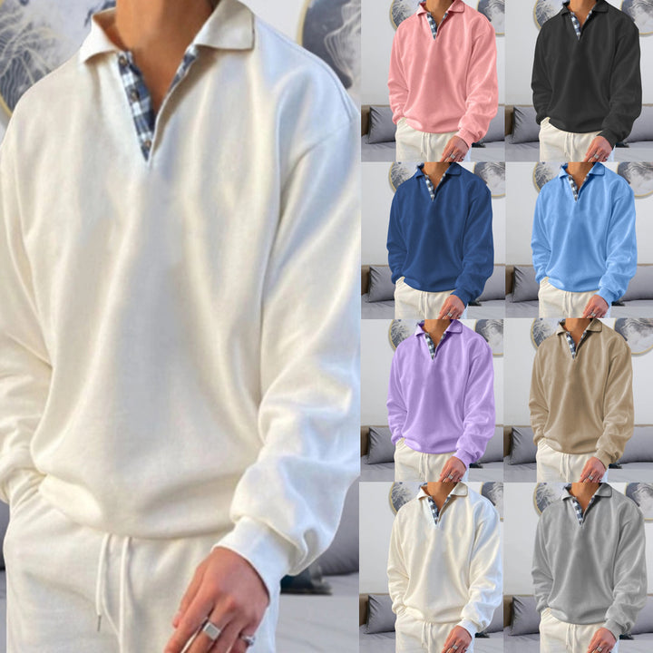 Men's casual long sleeve polo with open V-neck, shirt collar, and check inside placket Mune Fashion