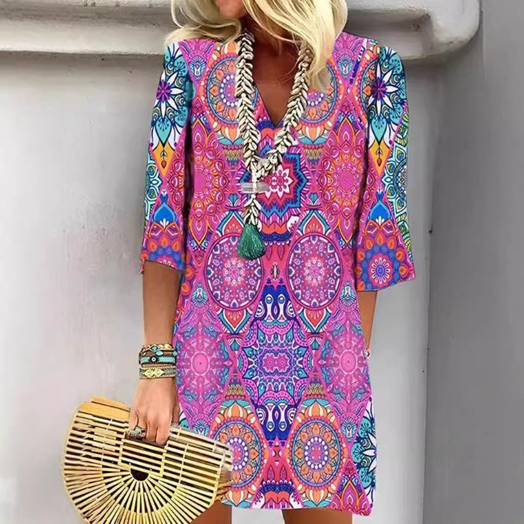 Women's short Boho tunic mini dress with V-neck, mandala all-over print and three-quarter sleeves Mune Fashion