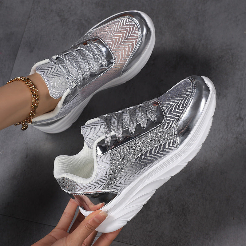 Women's nan glamorous eye-catching sneakers with glitter panels, jacquard woven upper material, and ergonomic wave sole Mune Fashion