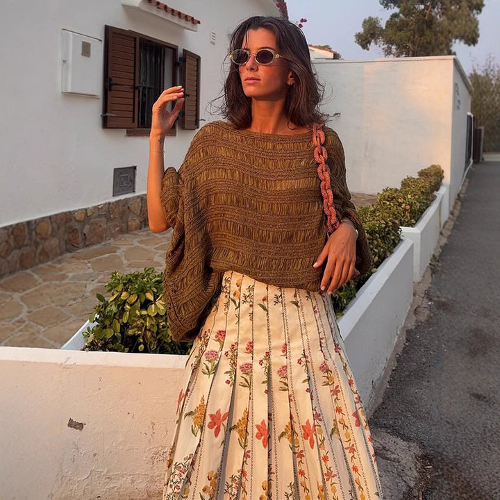 Women Loose Crocheted Poncho Knit Blouse with Wide Boat Neck and Texture Pattern Mune Fashion