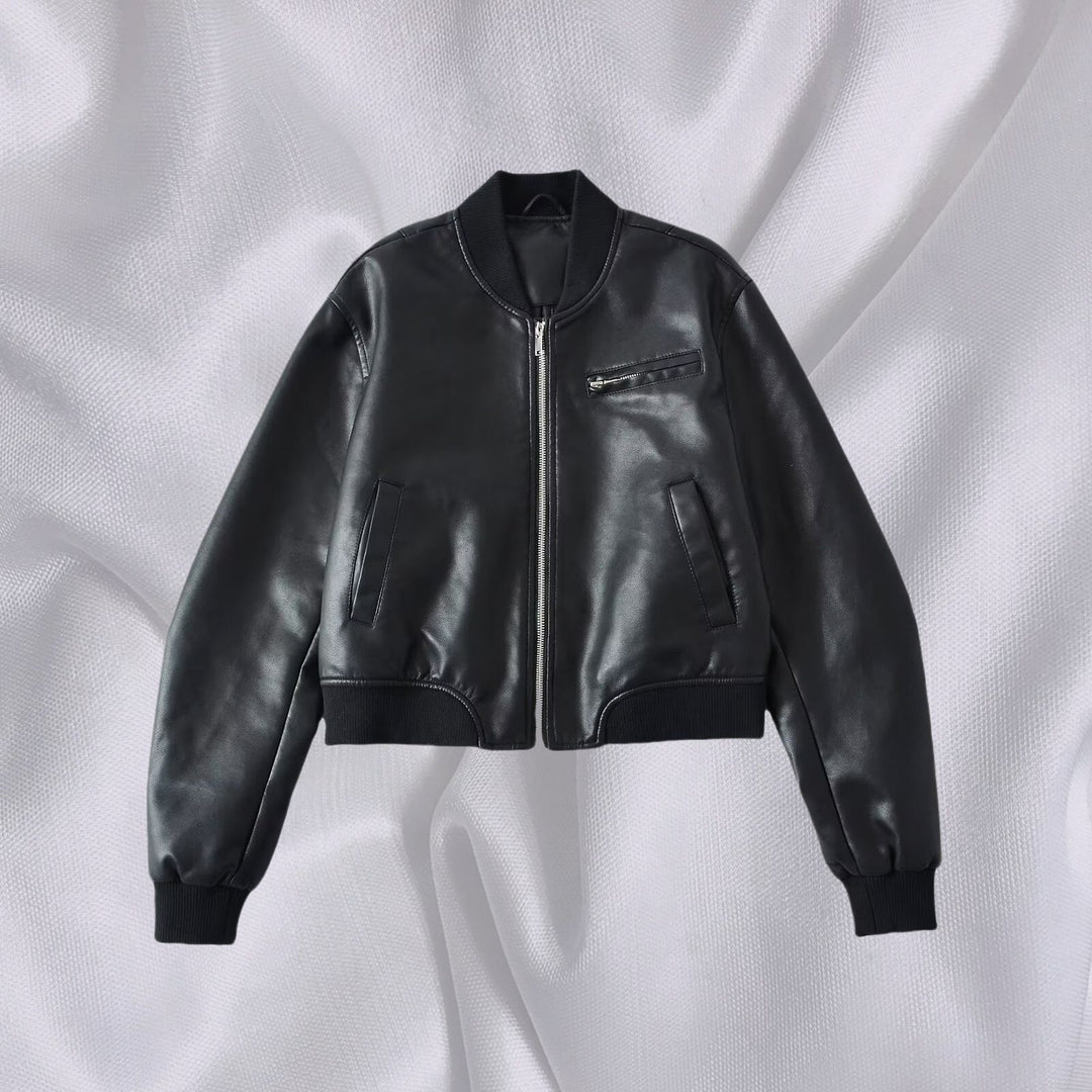 Women Short Leather Look Bomber Jacket with Ribbed Cuffs and Chest Zipper Pocket Mune Fashion