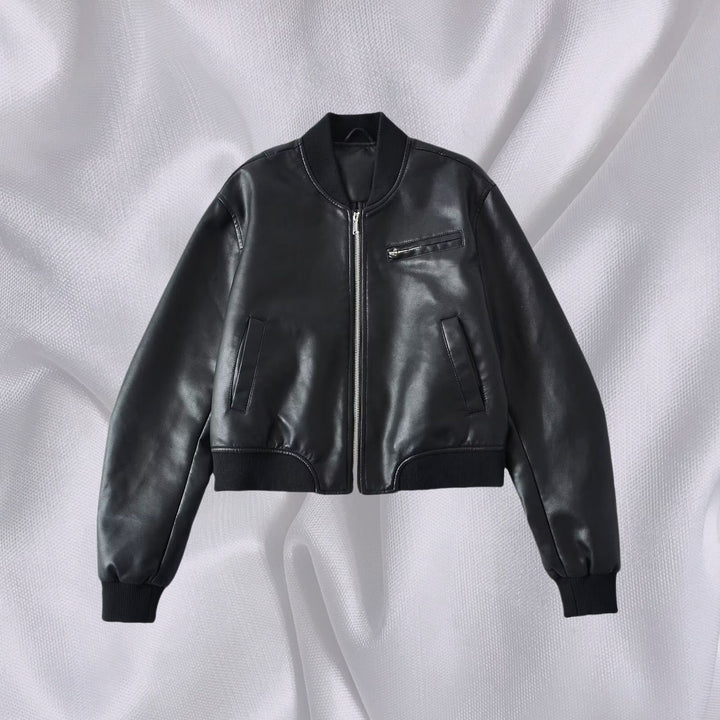 Women Short Leather Look Bomber Jacket with Ribbed Cuffs and Chest Zipper Pocket Mune Fashion